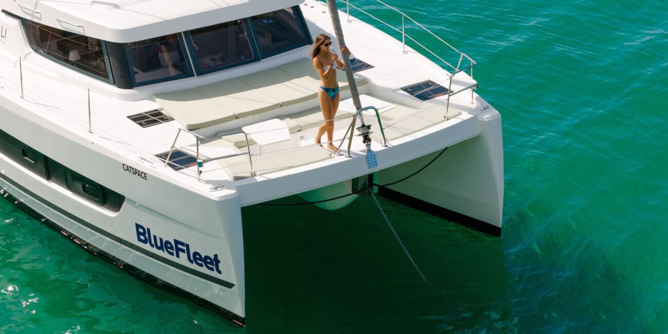 Private catamaran anchored in a bay near Ponta da Piedade